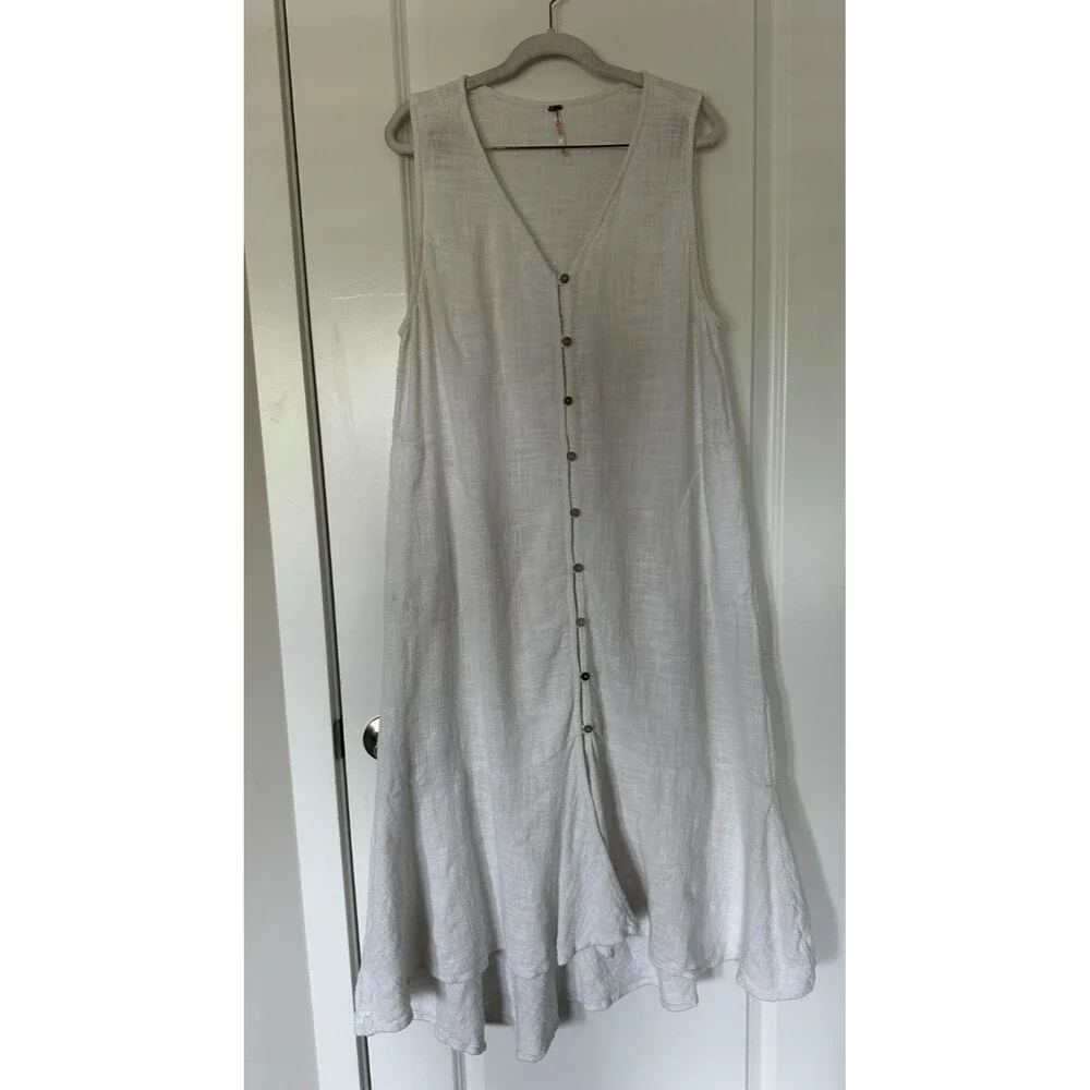 Free People White Cotton Button Front Maxi Dress Sleeveless Size Medium Boho